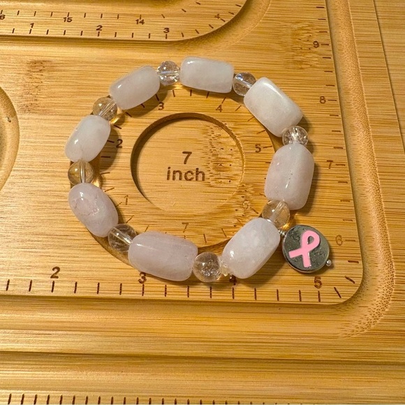 Rose and White Crystal Quartz Breast Cancer Awareness Pink Ribbon Charm Bracelet - Picture 2 of 3